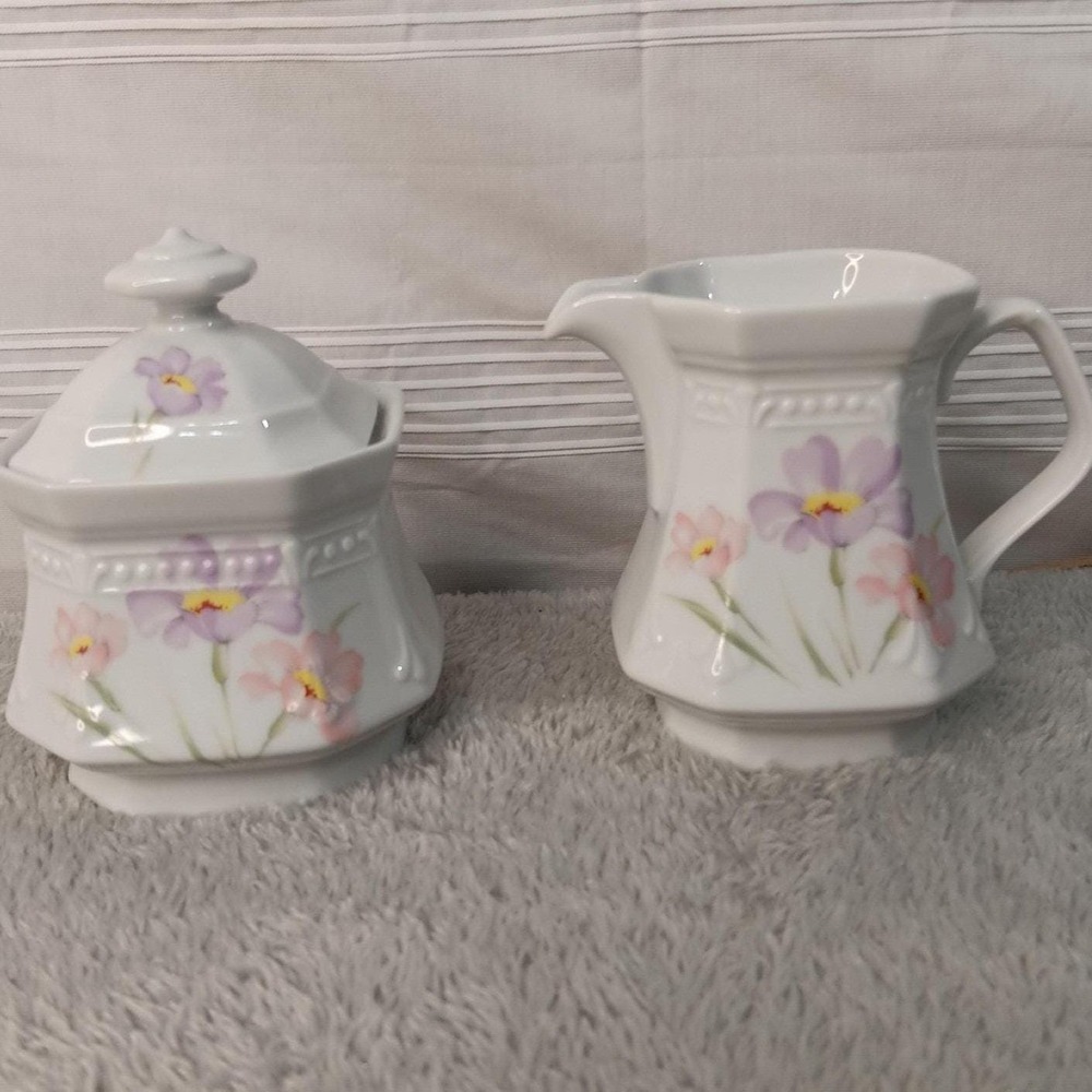 Vintage Mitterteich Floral Creamer and Sugar Dish Bowl with Lid White Purple